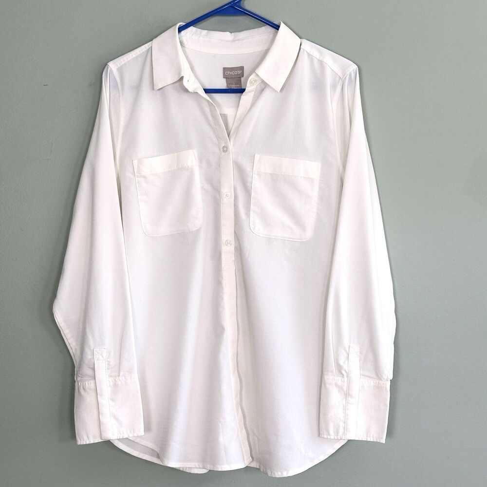 Chico’s Swiss Dot Popover Blouse Women’s Medium Ivory Top Long Sleeve Micro Dot